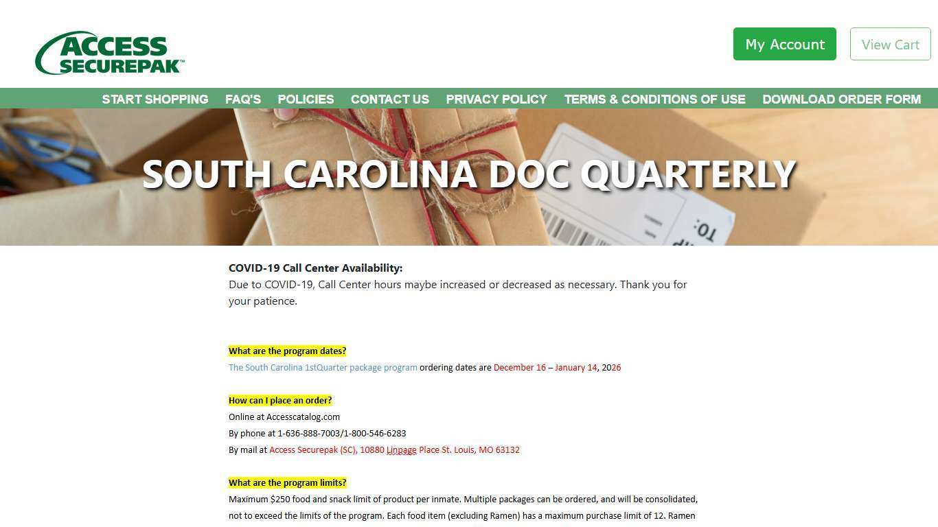 Access Securepak - South Carolina DOC Package Program - FAQ's