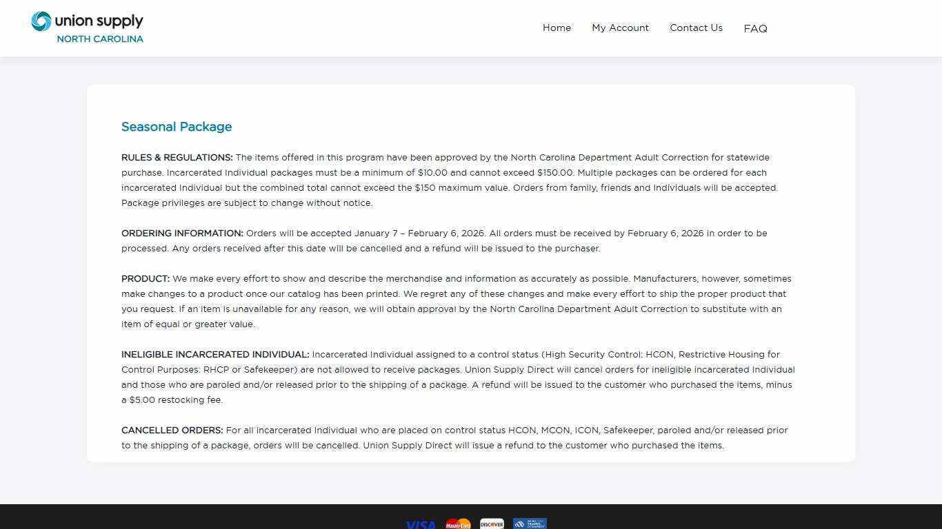 Union Supply Direct - North Carolina Inmate Package - Rules and Regulations